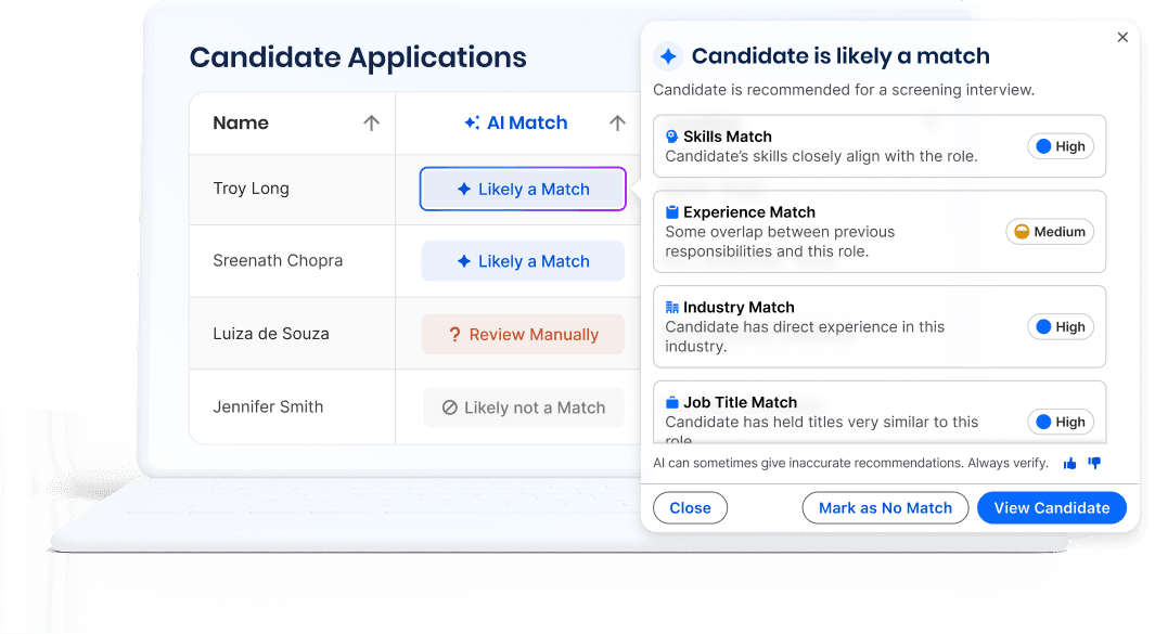 Screenshot of a recruiting dashboard with AI matching features.